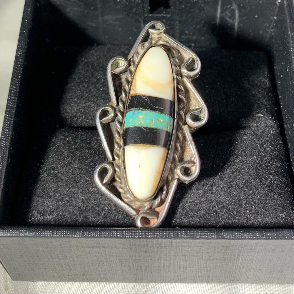 Antique Sterling Silver Native Style Statement Gemstone Ring Size 9 Turquoise +